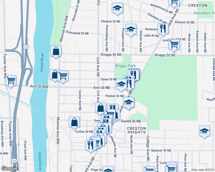 map of restaurants, bars, coffee shops, grocery stores, and more near 1810 Wilbert Avenue Northeast in Grand Rapids