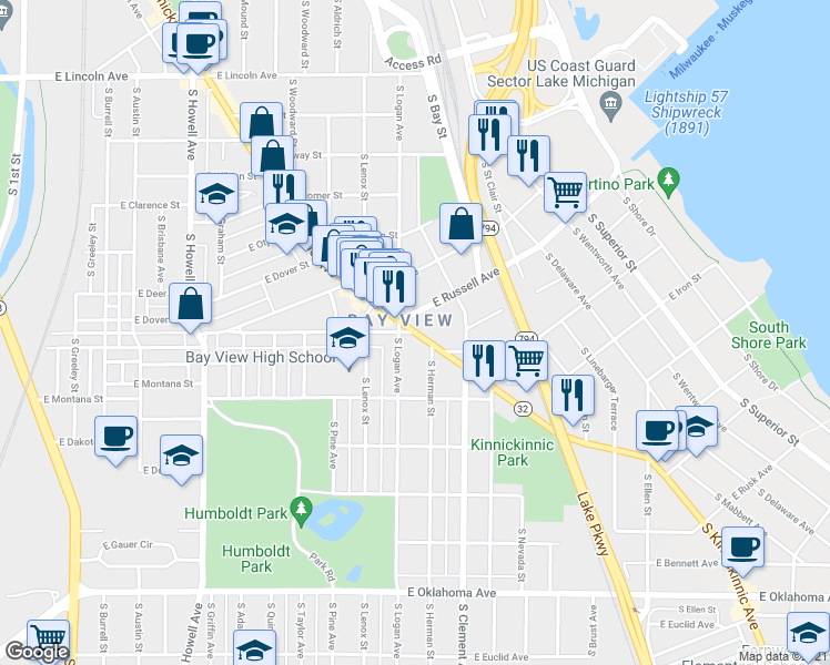 map of restaurants, bars, coffee shops, grocery stores, and more near South Kinnickinnic Avenue & East Russell Avenue in Milwaukee