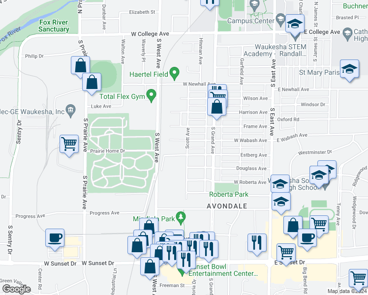 map of restaurants, bars, coffee shops, grocery stores, and more near 708 Scott Avenue in Waukesha