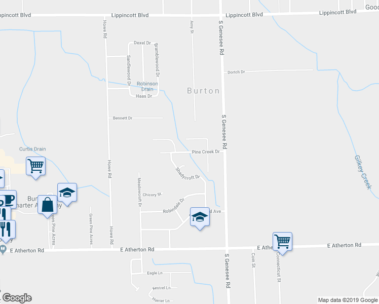map of restaurants, bars, coffee shops, grocery stores, and more near 4438 Pine Creek Drive in Burton