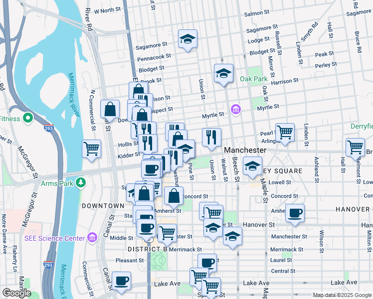 map of restaurants, bars, coffee shops, grocery stores, and more near 114 Pearl Street in Manchester