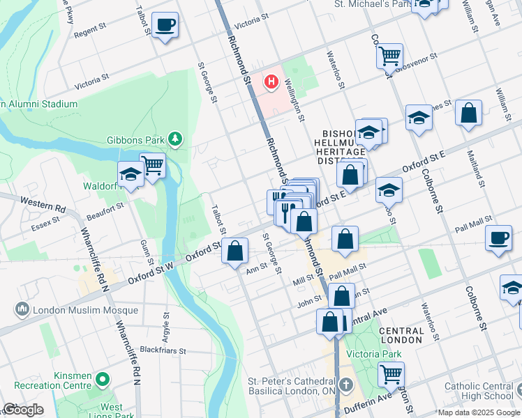 map of restaurants, bars, coffee shops, grocery stores, and more near 180 Saint George Street in London