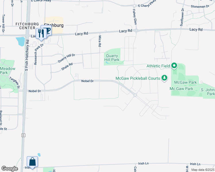 map of restaurants, bars, coffee shops, grocery stores, and more near 2590 Mica Road in Madison