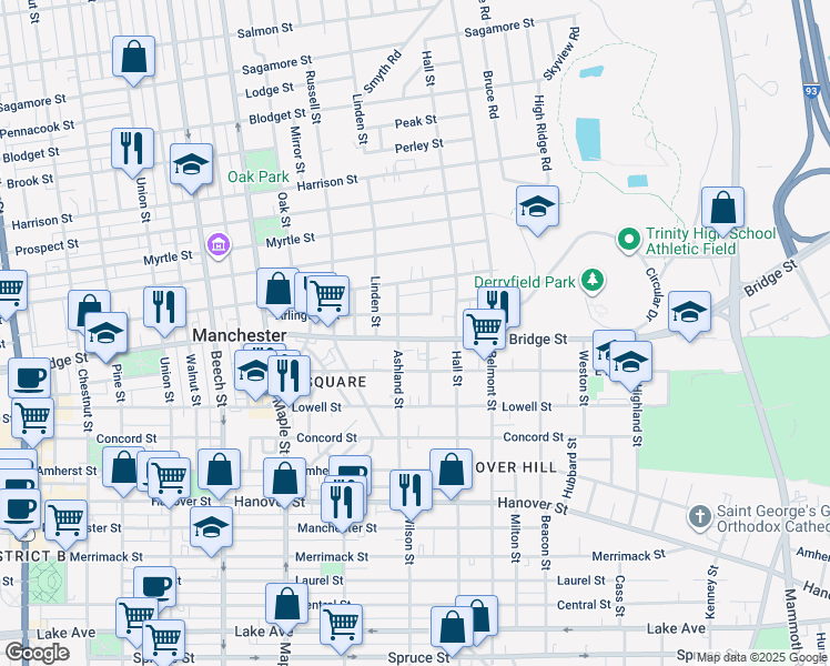map of restaurants, bars, coffee shops, grocery stores, and more near 111 Arlington Street in Manchester