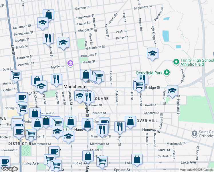 map of restaurants, bars, coffee shops, grocery stores, and more near 85 Arlington Street in Manchester