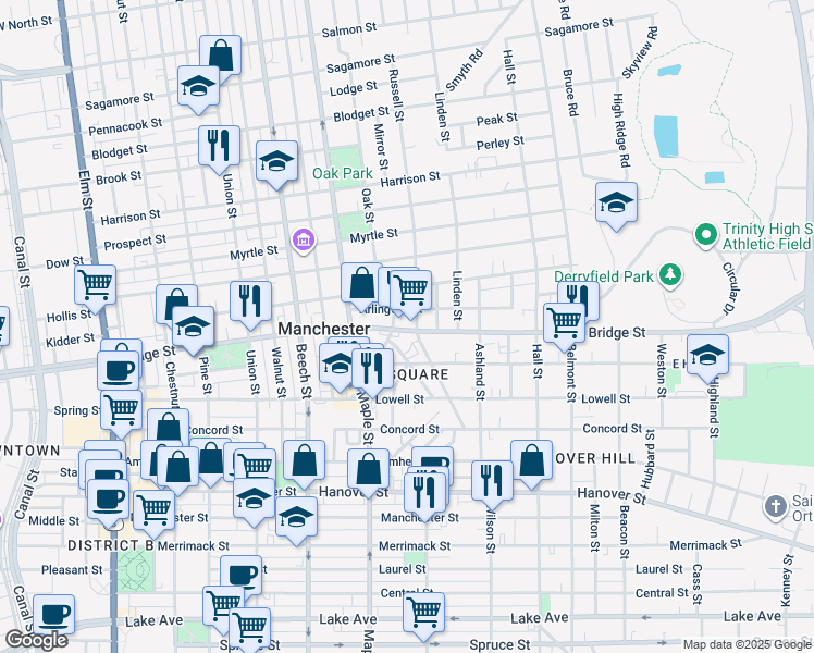 map of restaurants, bars, coffee shops, grocery stores, and more near 53 Arlington Street in Manchester
