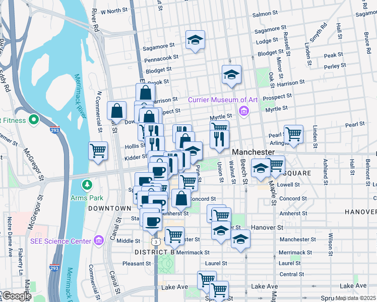 map of restaurants, bars, coffee shops, grocery stores, and more near 114 Pearl Street in Manchester
