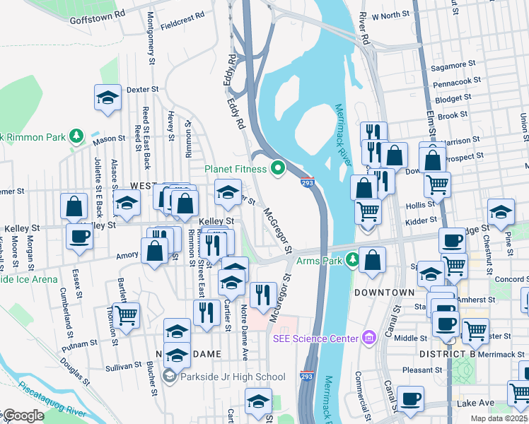 map of restaurants, bars, coffee shops, grocery stores, and more near 258 Dionne Drive in Manchester