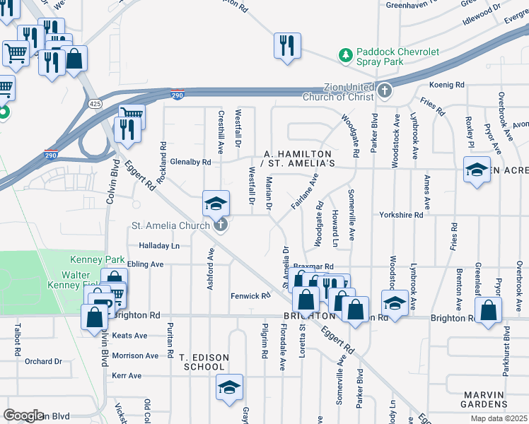map of restaurants, bars, coffee shops, grocery stores, and more near 12 Marian Drive in Tonawanda