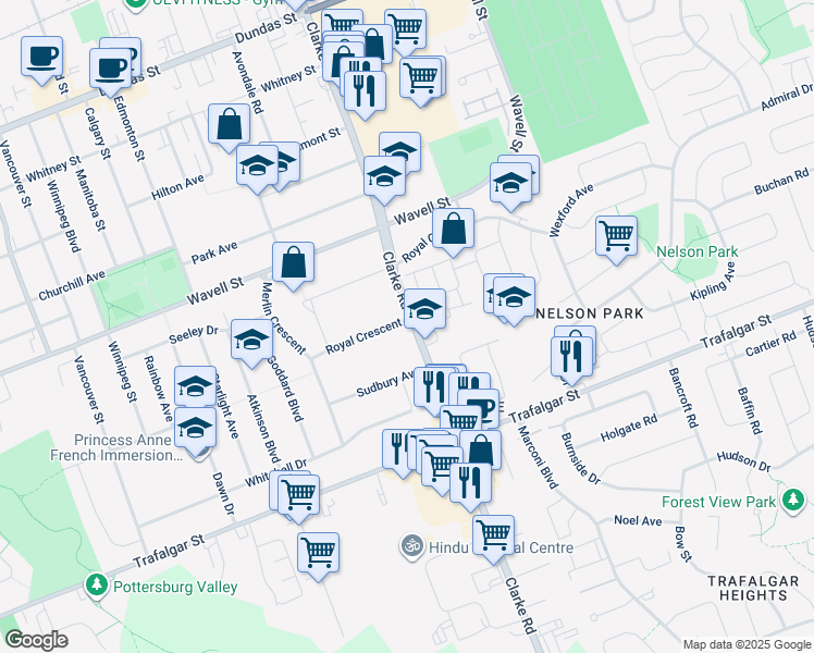 map of restaurants, bars, coffee shops, grocery stores, and more near 1796 Royal Crescent in London