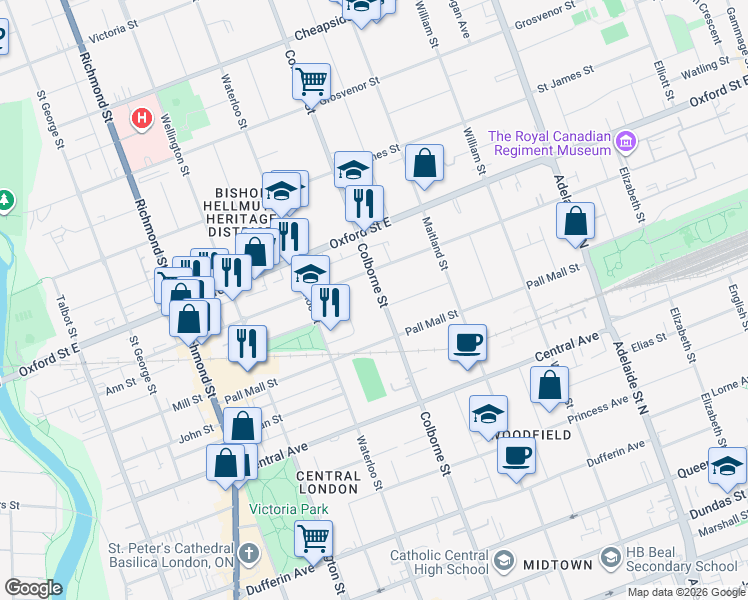 map of restaurants, bars, coffee shops, grocery stores, and more near 697 Colborne Street in London