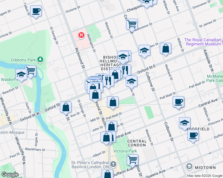 map of restaurants, bars, coffee shops, grocery stores, and more near 293 Oxford Street East in London