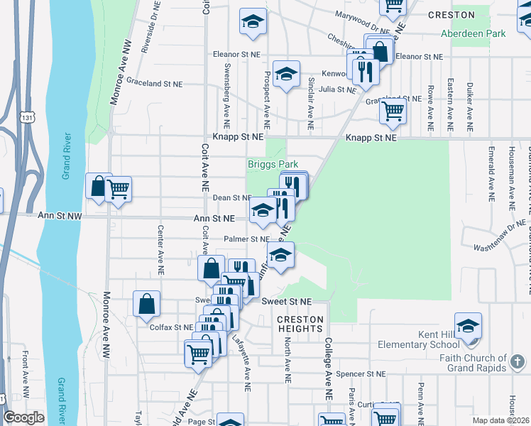 map of restaurants, bars, coffee shops, grocery stores, and more near 340 Dean Street Northeast in Grand Rapids