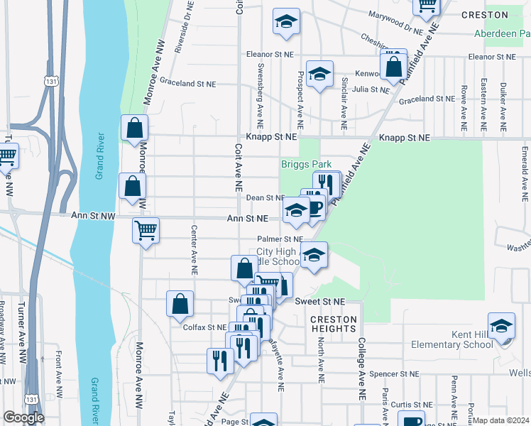 map of restaurants, bars, coffee shops, grocery stores, and more near 1810 Wilbert Avenue Northeast in Grand Rapids