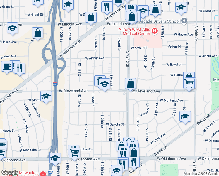 map of restaurants, bars, coffee shops, grocery stores, and more near 9423 West Harding Place in West Allis