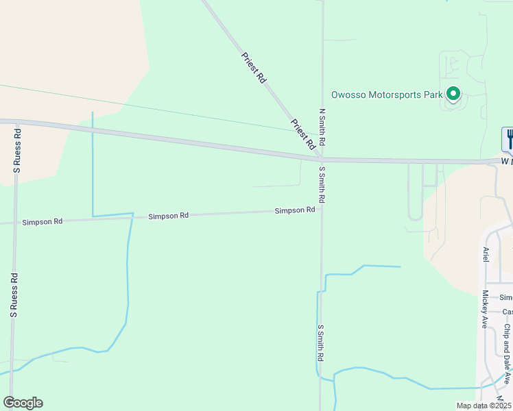map of restaurants, bars, coffee shops, grocery stores, and more near 3200 Simpson Road in Owosso