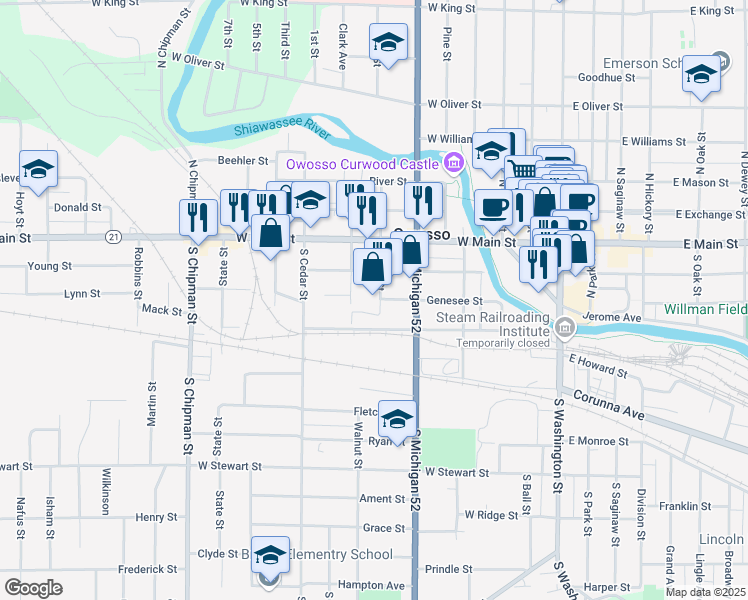 map of restaurants, bars, coffee shops, grocery stores, and more near 222 South Elm Street in Owosso