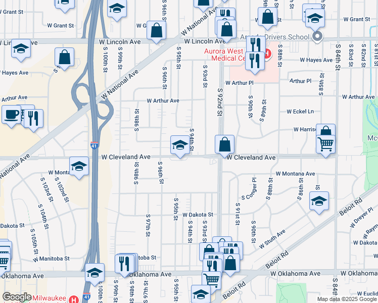 map of restaurants, bars, coffee shops, grocery stores, and more near 9423 West Harding Place in West Allis