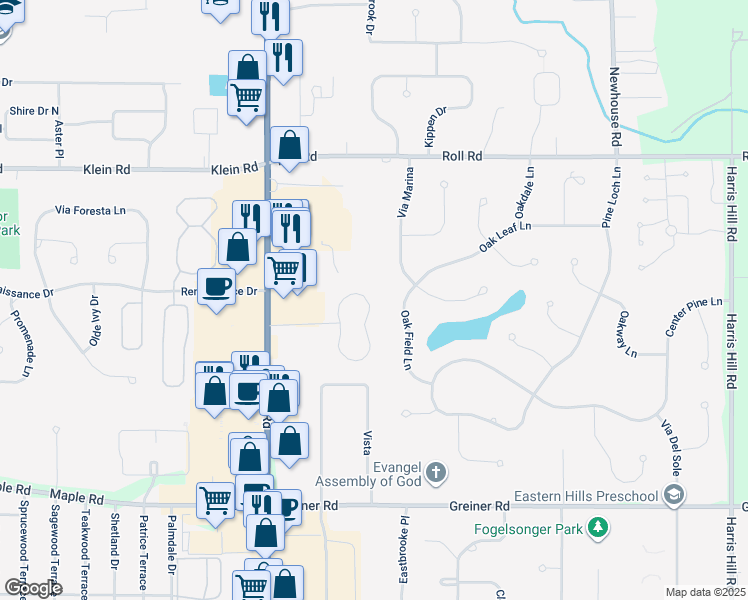 map of restaurants, bars, coffee shops, grocery stores, and more near 5440 Village Station Circle in Buffalo