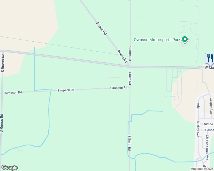 map of restaurants, bars, coffee shops, grocery stores, and more near 3200 Simpson Road in Owosso