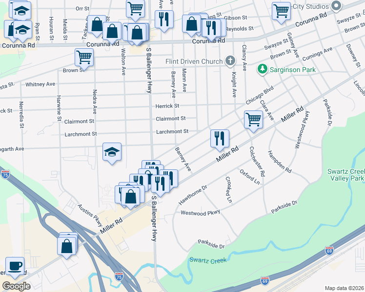 map of restaurants, bars, coffee shops, grocery stores, and more near 3313 Chicago Boulevard in Flint