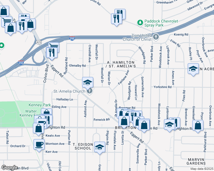 map of restaurants, bars, coffee shops, grocery stores, and more near 12 Marian Drive in Tonawanda