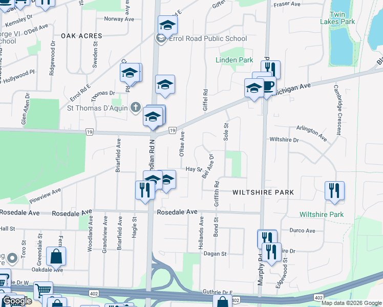 map of restaurants, bars, coffee shops, grocery stores, and more near 1117 Connolly Street in Sarnia