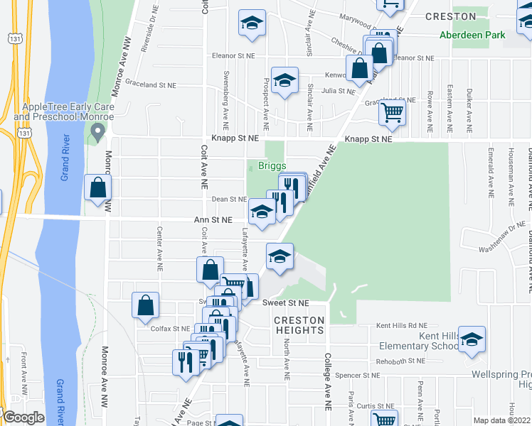 map of restaurants, bars, coffee shops, grocery stores, and more near 340 Dean Street Northeast in Grand Rapids