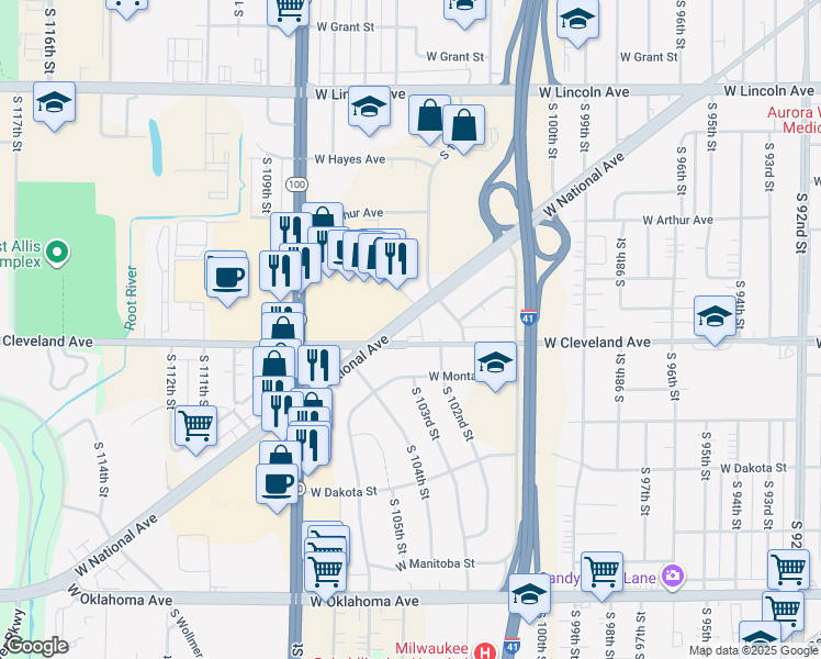 map of restaurants, bars, coffee shops, grocery stores, and more near 10243 West National Avenue in West Allis