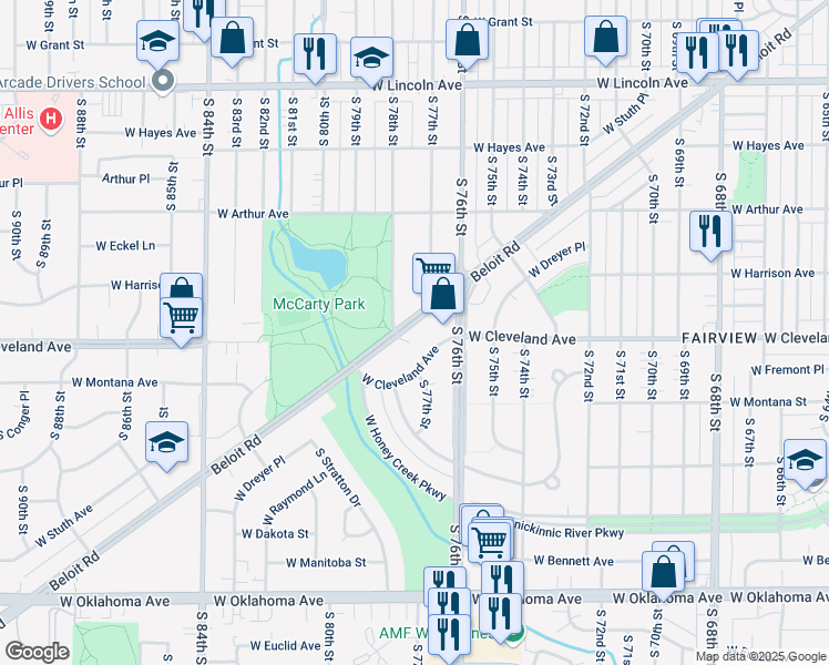 map of restaurants, bars, coffee shops, grocery stores, and more near 7737 Beloit Road in West Allis