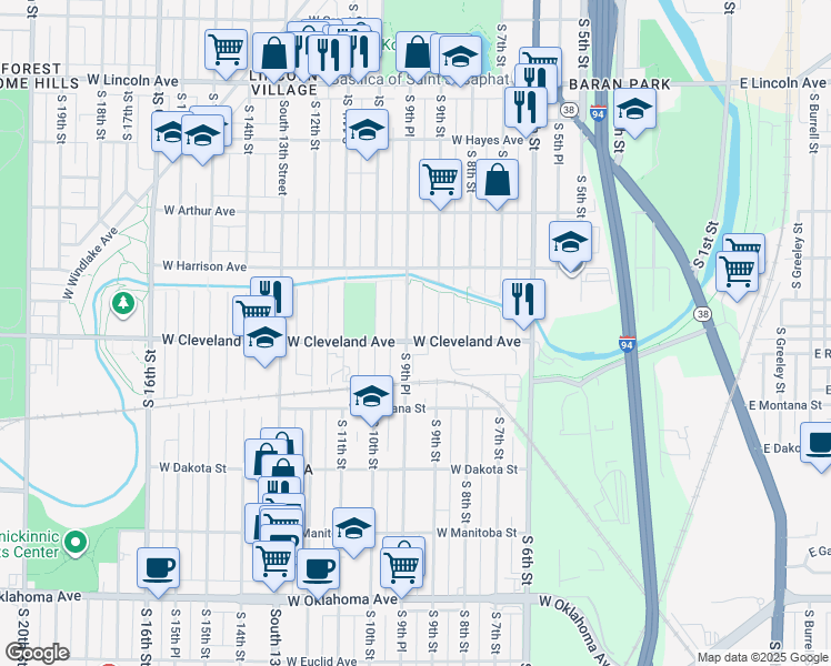 map of restaurants, bars, coffee shops, grocery stores, and more near 2675 South 9th Place in Milwaukee