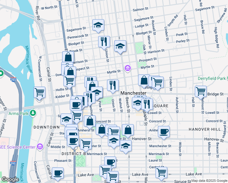 map of restaurants, bars, coffee shops, grocery stores, and more near 619 Union Street in Manchester
