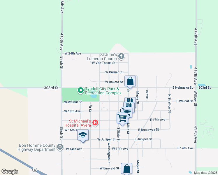 map of restaurants, bars, coffee shops, grocery stores, and more near North Washington Street in Tyndall