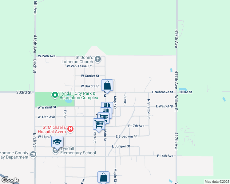 map of restaurants, bars, coffee shops, grocery stores, and more near 409 Maple Street in Tyndall