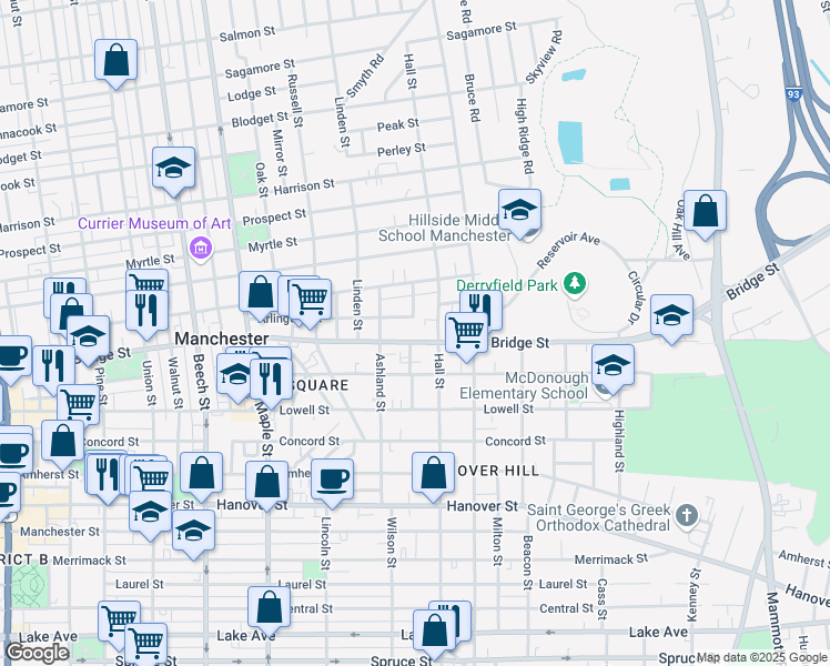 map of restaurants, bars, coffee shops, grocery stores, and more near 111 Arlington Street in Manchester