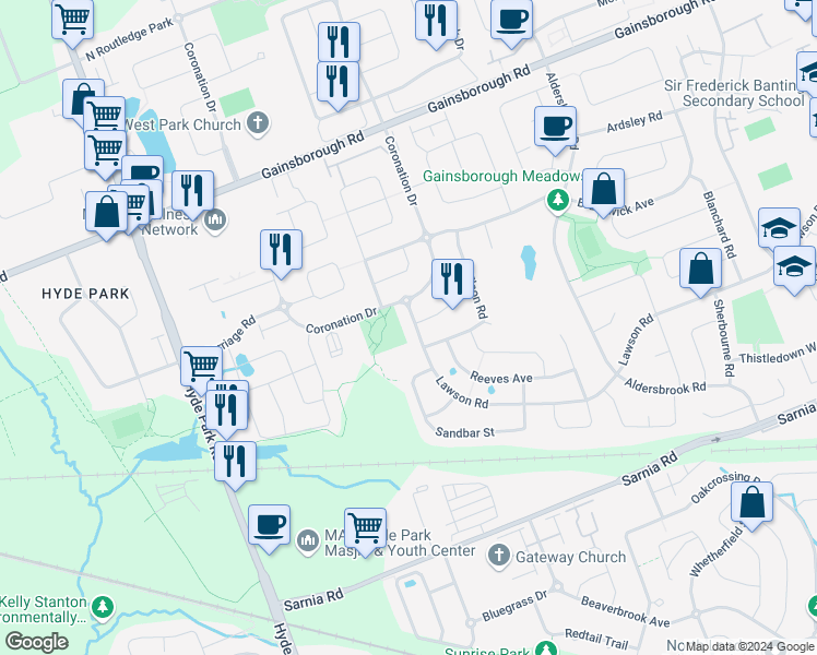 map of restaurants, bars, coffee shops, grocery stores, and more near 2671 Tucker Court in London