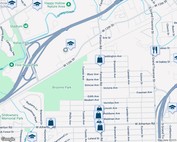 map of restaurants, bars, coffee shops, grocery stores, and more near 1111 Ossington Avenue in Flint