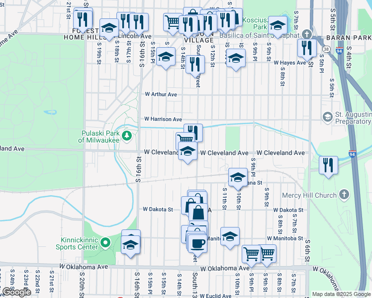 map of restaurants, bars, coffee shops, grocery stores, and more near 2673 South 14th Street in Milwaukee