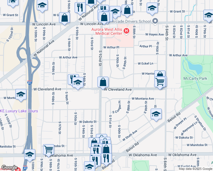 map of restaurants, bars, coffee shops, grocery stores, and more near 2640 South 91st Street in West Allis