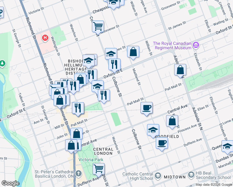map of restaurants, bars, coffee shops, grocery stores, and more near 697 Colborne Street in London