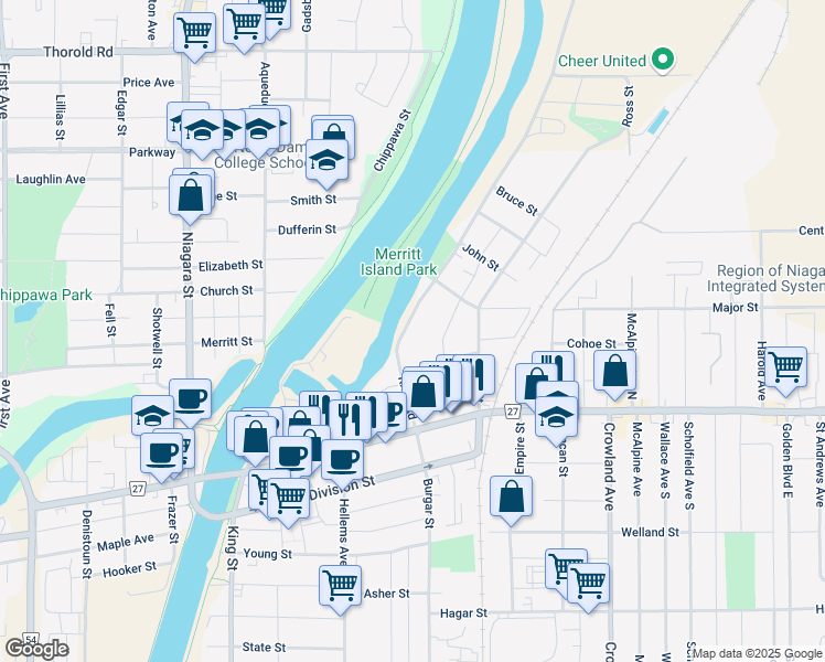map of restaurants, bars, coffee shops, grocery stores, and more near 108 River Road in Welland