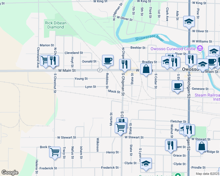 map of restaurants, bars, coffee shops, grocery stores, and more near 1308 Lynn Street in Owosso