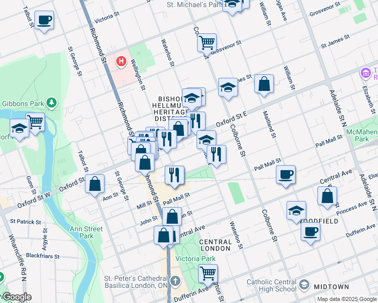 map of restaurants, bars, coffee shops, grocery stores, and more near 312 Piccadilly Street in London