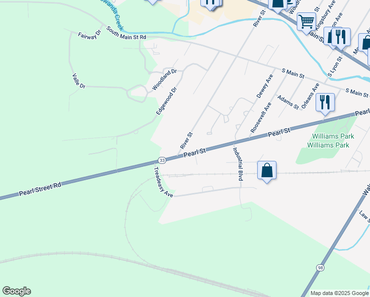 map of restaurants, bars, coffee shops, grocery stores, and more near 190 Pearl Street in Batavia