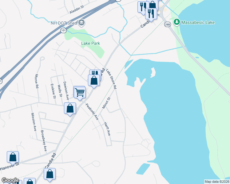 map of restaurants, bars, coffee shops, grocery stores, and more near 1992 Lake Shore Road in Manchester
