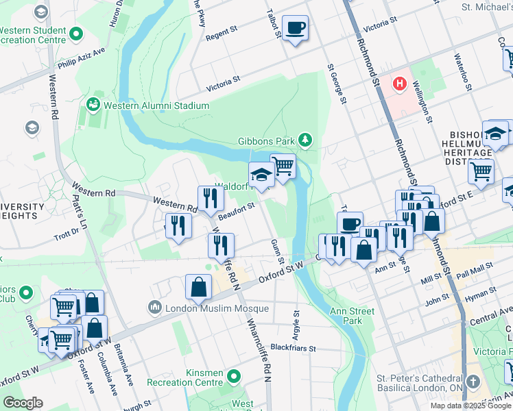 map of restaurants, bars, coffee shops, grocery stores, and more near 78 Gunn Street in London