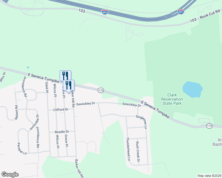 map of restaurants, bars, coffee shops, grocery stores, and more near 6033 East Seneca Turnpike in Jamesville