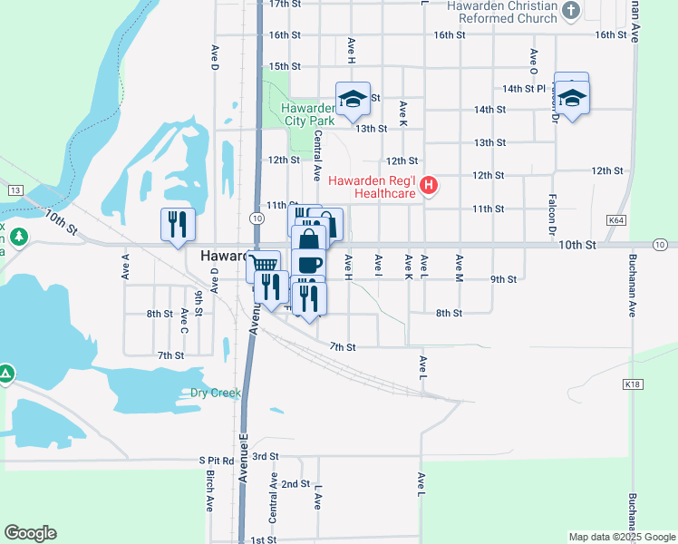 map of restaurants, bars, coffee shops, grocery stores, and more near 717 9th Street in Hawarden