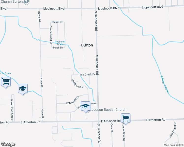 map of restaurants, bars, coffee shops, grocery stores, and more near 2292 Meadowlane Court in Burton