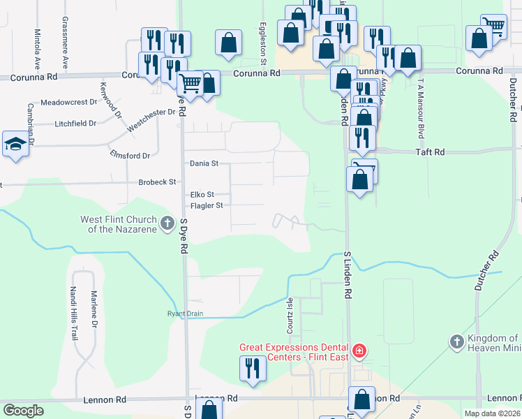 map of restaurants, bars, coffee shops, grocery stores, and more near 5133 Flagler Street in Flint
